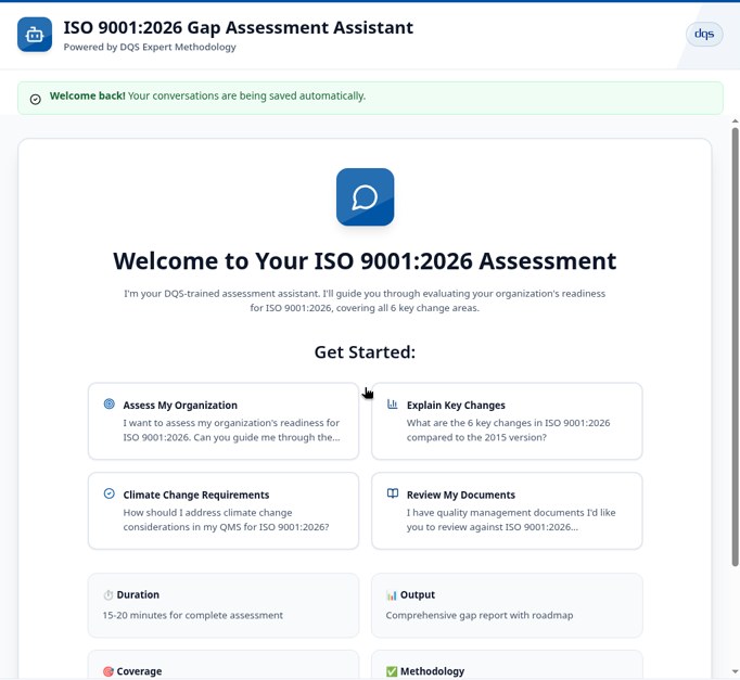 ISO 9001:2026 Gap Assessment Assistant welcome screen