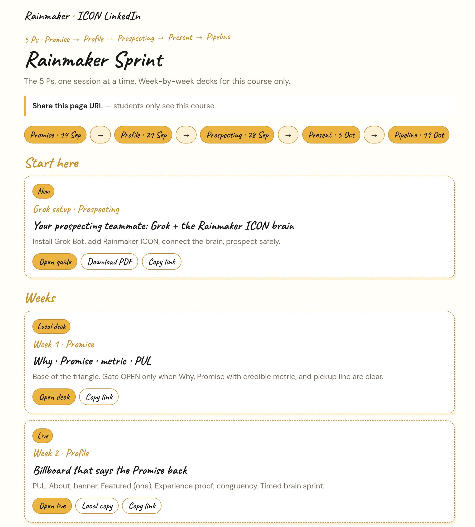 Rainmaker Sprint course hub: the 5 Ps, week-by-week decks
